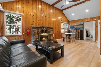 a living room with a couch and a fireplace at Big Bear Cottage - Walk to Lake, Smart TV, Fireplace, Deck in Big Bear Lake