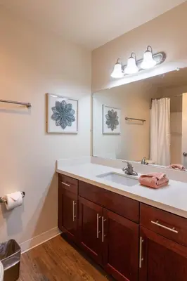 a bathroom with a sink and a large mirror at Relaxing space in Palos Verdes in Rancho Palos Verdes