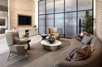 a living room with a couch and chairs and a tv at Blueground San Pedro AC balcony nr USS Iowa LAX-1301 in Los Angeles
