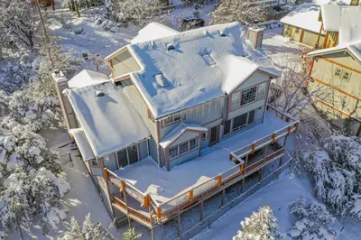 an aerial view of a house covered in snow at Valley View Cabin in Big Bear Lake