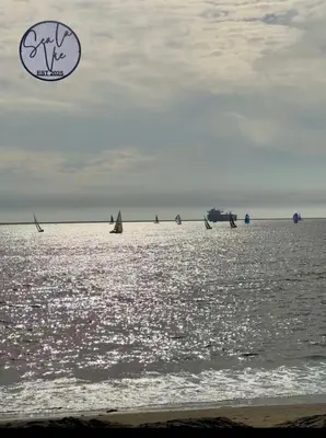 a kite flying over a body of water with boats at Sea La Vie Beachhouse on the sand in Long Beach