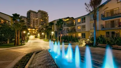 a row of blue water fountains in front of buildings at The Bleu Pearl 3Bed 2bath Venice Beach Santa Monica and Marina Del Rey in Los Angeles