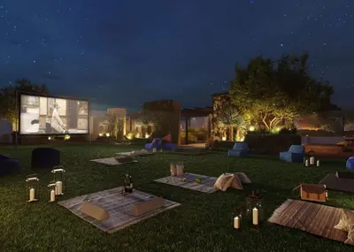 a rendering of a lawn with a movie screen at night at Luxurious 2-Bedroom Retreat in Santa Monica in Los Angeles