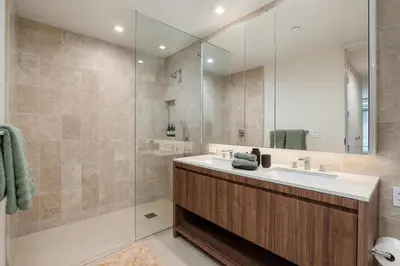 a bathroom with a sink and a shower at Luxurious 2-Bedroom Retreat in Santa Monica in Los Angeles