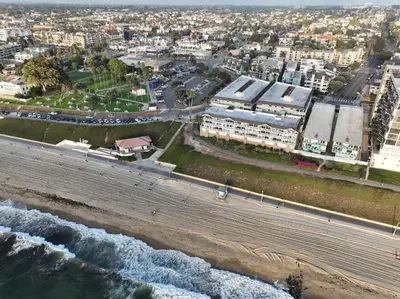 an aerial view of the beach and the ocean at Oceanfront 1 Bed 1 Bath , Parking, Stunning View 337 in Redondo Beach