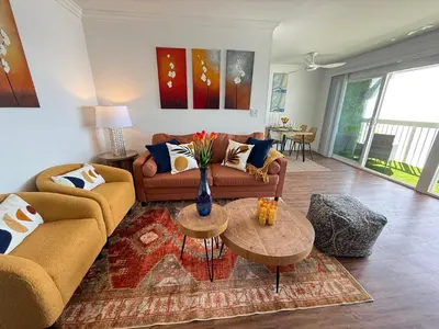 a living room with two couches and a table at Oceanfront 1 Bed 1 Bath , Parking, Stunning View 337 in Redondo Beach