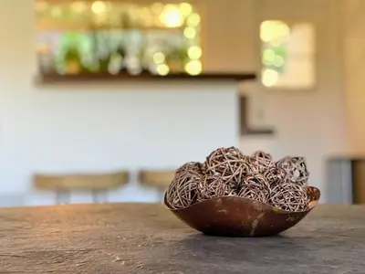 a bowl of noodles sitting on a table at Tranquil and Secluded Retreat in Topanga Canyon in Topanga