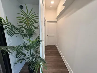 a hallway with a plant on the wall at Blue Central Stay Near USC, BMO Stadium & Downtown LA in Los Angeles