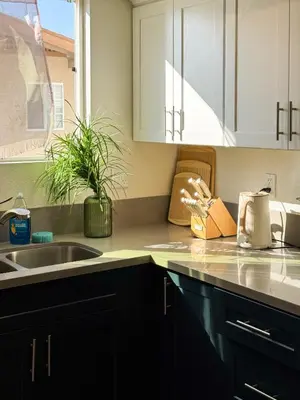 a kitchen with a sink and a counter top at Forty First Place - Boutique Hostel in Los Angeles