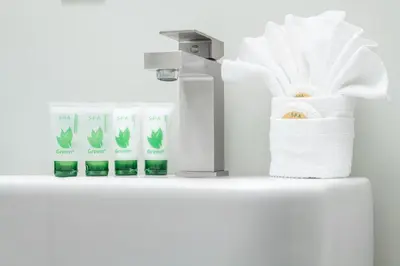 a bathroom with a faucet and towels and toiletries at The LEEF Hotel in Glendale