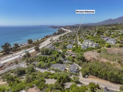 an aerial view of the beach and the ocean at Bali Home and SB Beaches in Summerland