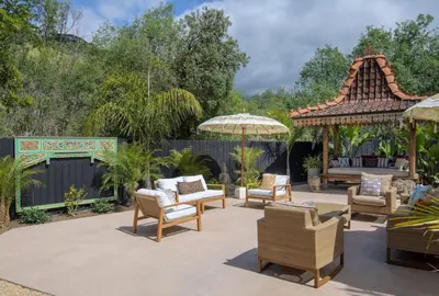 a patio with chairs and a gazebo at Group-Friendly and Tranquil Oasis in Summerland