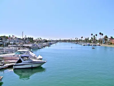 a group of boats docked in a marina at The Belmont Beach Bungalow - Pool & Hot tub in Long Beach