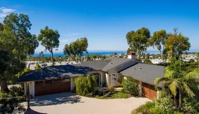 an aerial view of a house with a garage at Bella Vista by Paradise Retreats in Carpinteria