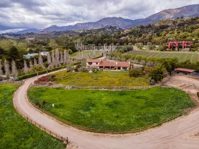 an aerial view of a farm with a road at Casa Tranquility by Paradise Retreats in Carpinteria