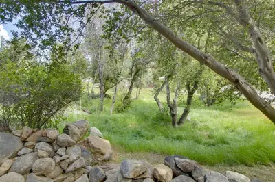 a pile of rocks in a field with trees at Walk to Riverfront Beach Kernville Escape in Kernville