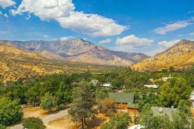 an aerial view of a town with mountains in the background at Walk to Riverfront Beach Kernville Escape in Kernville