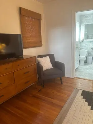 a living room with a tv and a chair and a dresser at Hollywood Bungalow One with Patio! in Los Angeles