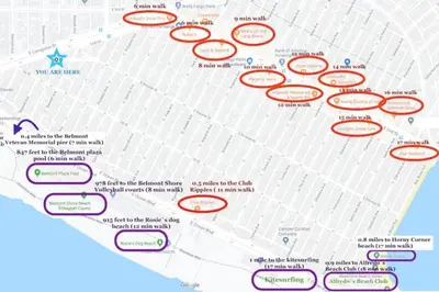 a map with red circles and descriptions of attractions at Elegant Beachside 2 Bed 2 Bath in Long Beach