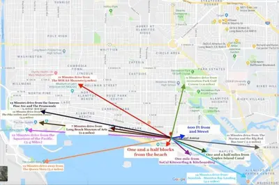 a close up of a map with a red and blue line at Elegant Beachside 2 Bed 2 Bath in Long Beach