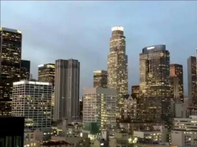 a view of a city skyline with tall buildings at Walk to Santa Monica Beach, Pier, Boardwalk and Venice in Los Angeles