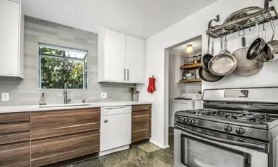 a kitchen with a stove and a sink at Venice Beach Boho - 2 apartments in Los Angeles