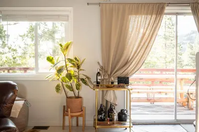 a living room with a table with a plant and a window at Perch - Peaceful ECO Cedar Hot Tub AC EV Mountain Views in Running Springs