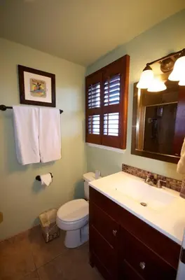 a bathroom with a toilet and a sink and a mirror at F-21 Castle House 1 in Anaheim