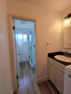 a bathroom with a sink and a mirror and a shower at F-21 Castle House 1 in Anaheim