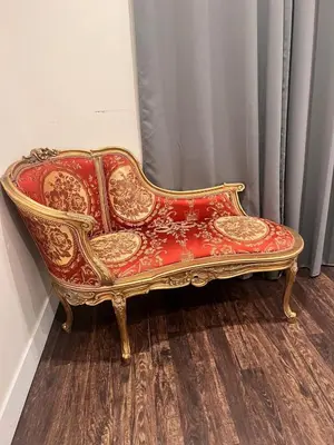 a red and gold couch sitting in a room at Beautiful 2-bedroom downstairs unit by LAX, SoFi, BMO, USC in Los Angeles