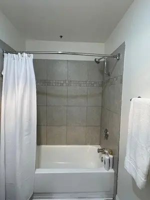 a bathroom with a bath tub with a shower curtain at Hollywood Spectacular Loft FREE Designated parking in Los Angeles