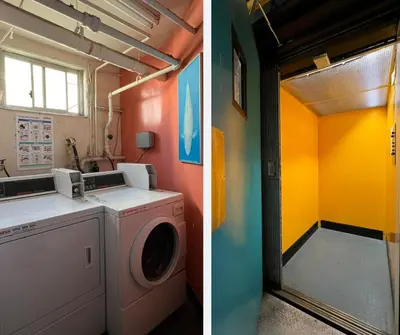 a laundry room with a washing machine and a colorful wall at Seabreeze Hideaway one bedroom in Los Angeles