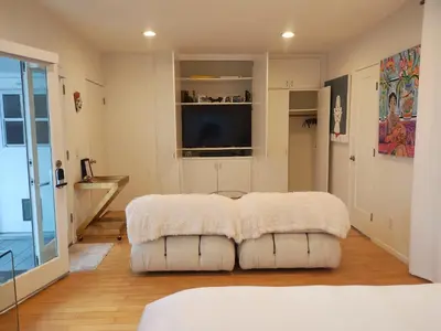 a living room with a couch and a television at Venice Canals & Beach Guest Suite in Los Angeles