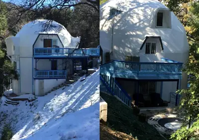 a domed house in the snow with a porch at Unique Three-Level Dome near Lake Gregory in Crestline, California in Crestline