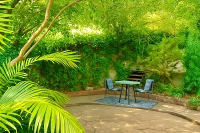 a patio with two chairs and a table in a garden at Enchanting Hollywood Hills Oasis with Tree-Top Views, Serene Outdoor Living Room, Zen Garden, Free Attached Garage, Sleeps 6, in LA's Most Desirable, Central, Serene Canyon Neighborhood, and Only 2 Minutes to Hollywood Boulevard in Los Angeles
