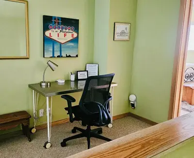 an office with a desk and a chair in a room at Cozy Guesthouse with Private Pool and Heated Jacuzzi in Santa Clarita