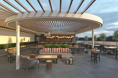 a rendering of a patio with tables and chairs at Hilton Arcadia Los Angeles in Arcadia