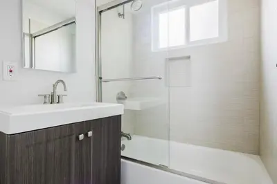 a bathroom with a sink and a shower at Blueground Mar Vista nr Venice Beach wd LAX-1327 in Los Angeles