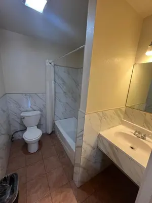 a bathroom with a toilet and a sink and a shower at World Motel in Lynwood