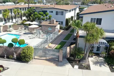an aerial view of a house with a swimming pool at 2 Bed Beach Condo #125 in Carpinteria