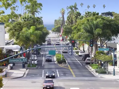 an aerial view of a city street with cars at Full 1 Bed Beach Condo #227 in Carpinteria