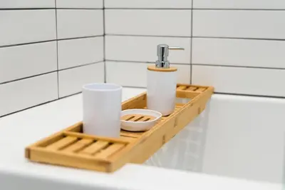 a wooden tray with two cups and a sink at New and Modern Casita VIP in San Dimas