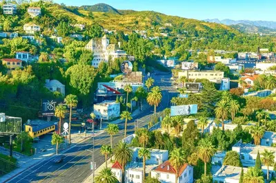 an aerial view of a city with palm trees at Hollywood Hills Spa Retreat Oasis with Tree Top Views, Private Jacuzzi Style Tub, Steam Room, Magical Half Acre Acre Garden and Patio, Free Parking for 2 cars, in LA's most Serene, Central Desirable Area in Los Angeles