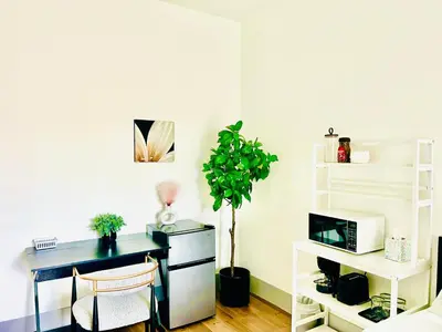a room with a desk with a computer and a plant at Modern New Studio Cozy&Prime Location in North Sherman Way