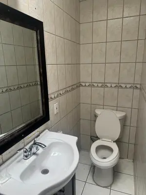 a bathroom with a sink and a toilet and a mirror at Haystack Motel in Long Beach