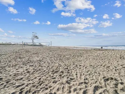 a sandy beach with a soccer goal on it at Beautiful 2 Bed Beach Condo #104 in Carpinteria