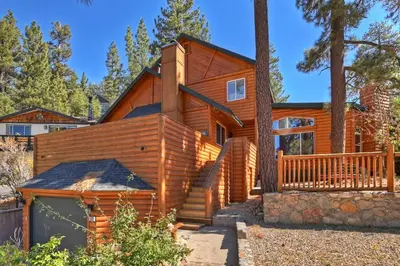 a log home with a staircase leading up to it at Recreation Ridge-Next To Boulder Bay-HUGE in Big Bear Lake