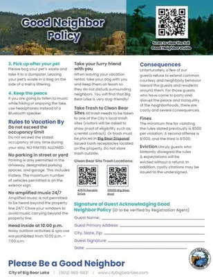 a screenshot of a page of a good neighbor website at Happy Bear Cabin - Hike Bike & More in Big Bear Lake