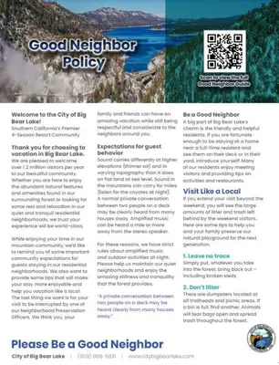 a page of a brochure for a good neighbor policy at The Adler's Nest - Lakefront with Pool Spa and Summer Dock in Big Bear Lake