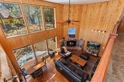 an overhead view of the living room of a cabin at Tres Patos - Lakefront Stay for 8 in Green Valley Lake